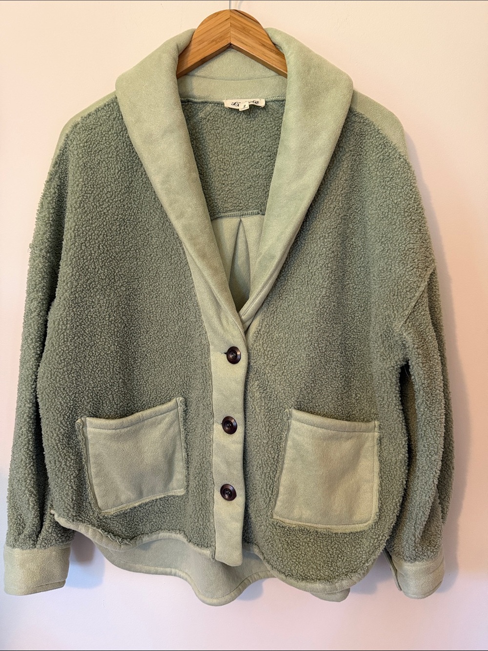 Listicle Cozy Shawl Collar Sherpa Jacket - Sage Green